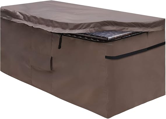 Garden Deck Box Cover, Outdoor Storage Box Protective Covers with Zipper Lid and Air Vent, Waterproof, 420D Oxford Brown (123*55*62cm)