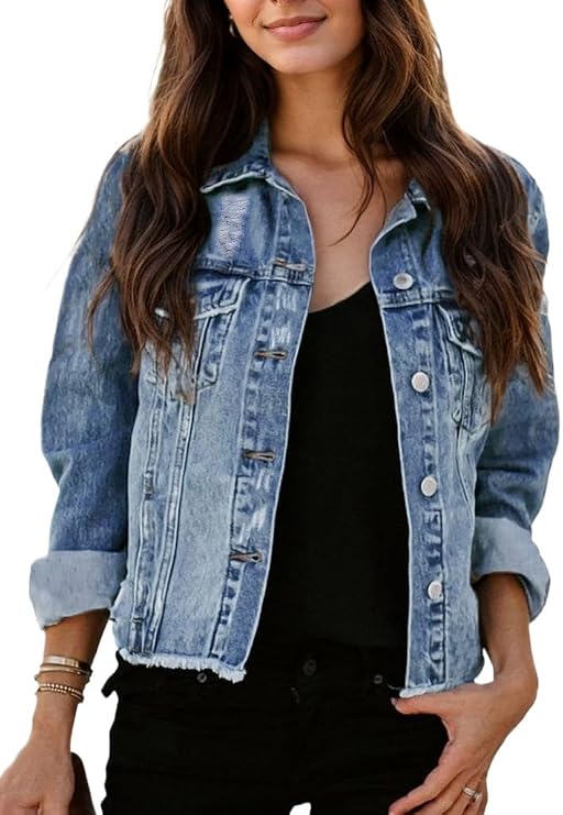Kedera Womens Denim Jacket Distressed Frayed Ripped Jean Jacket Casual Button Down Light Jackets with Pockets