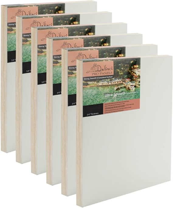 Da Vinci Pro Ultra Smooth Wood Canvas Gesso Board - 3/4" Deep, 8x10 Pack of 6 Single White Acrylic Polymer Gesso Panels for Painting Fine Portraits and Ultra Fine Detail Illustrations and Artwork