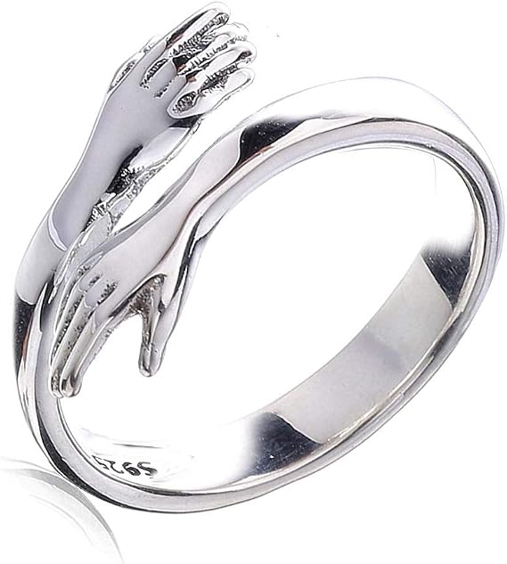 Solid 925 Sterling Silver Romantic Hug Hands Embrace Adjustable Open Ring for Women Men Couple Jewelry Wedding Gift
