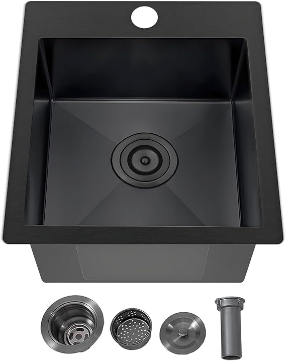 IKEBANA 15x17 Inch Black Bar sink, Drop in Stainless Steel Small Kitchen Sink, Topmount Single Bowl Sinks for Wet Bar RV Outdoor Prep Laundry