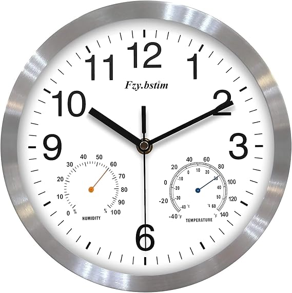 Non Ticking Silent Wall Clock Battery Operated with Thermometer and Hygrometer,Bedroom/Living Room/Office/Kitchen Clock(10 Inch,White)