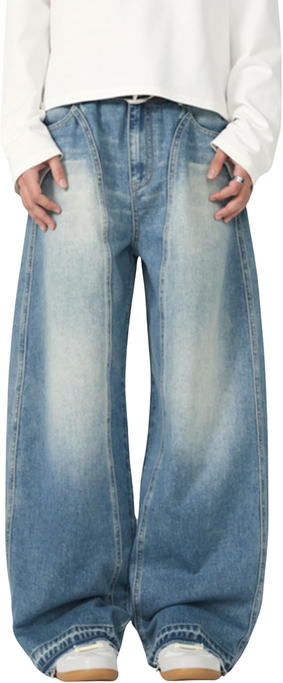 Vamtac Baggy Barrel Jeans Vintage Washed Wide Leg Denim Pants Casual Loose Streetwear Hip Hop Jean Trouser