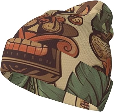 Vintage Aloha Tiki Knit Beanie Winter Hats Soft Cuffed Skull Caps Warm Knit Hats for Men and Women Black