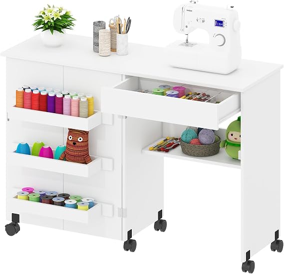 Sewing Table,Sewing Machine Desk w/Open Storage Shelf Drawer Rolling Caster