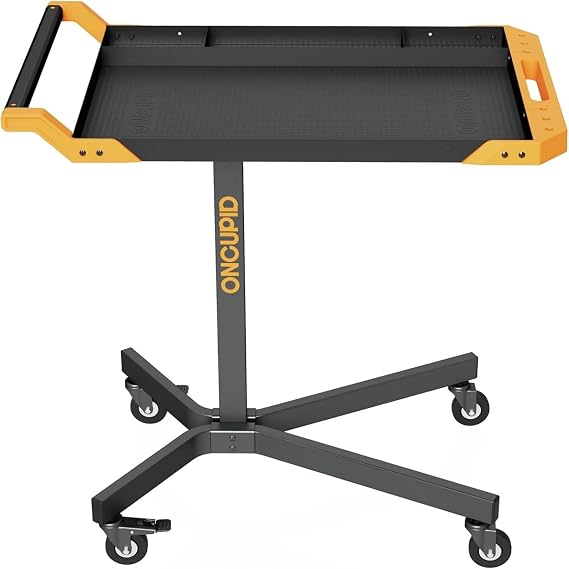 Mobile Work Table, Adjustable Height Workbench with Wheels, Orange | Rolling Tool Cart with Drills Storage, Work Table Adjustable Height 34" to 48", Mechanic Work Bench for Garage Bike Work Shop