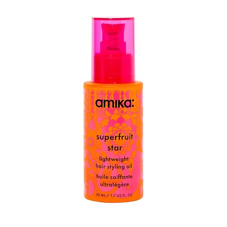 amika superfruit star lightweight hair styling + heat defense oil | heat protection, strengthen + reduce breakage, smooth frizz, add glossy shine | for all hair types