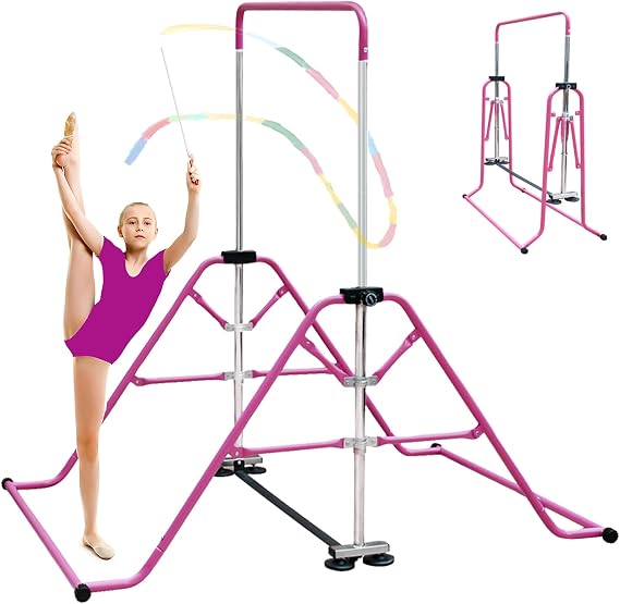 Folding Gymnastics Bar for Kids, Horizontal Bar, Home Gym Equipment for Children, Supports 150 lbs (68 kg) Adjustable Height 45''-61'' for Ages 3-12.