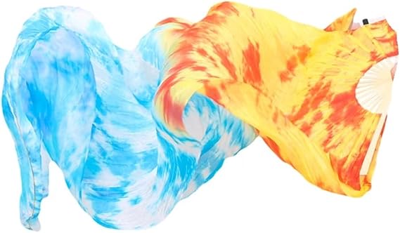 Silk Veil Fan 1 Pair Real Silk Belly Dance Veil Fans Handmade Dyed Performance Long Fan Belly Dancing Real Silk Fan(Yellow,150x90cm)