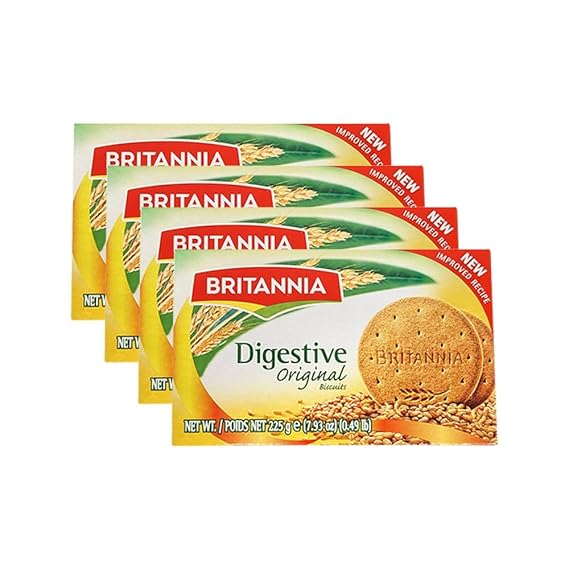 BRITANNIA Digestive Original Biscuits 7.93oz (225g) - Whole Wheat Flavor Cookies - Breakfast & Tea Time Healthy Snacks (Pack of 4)