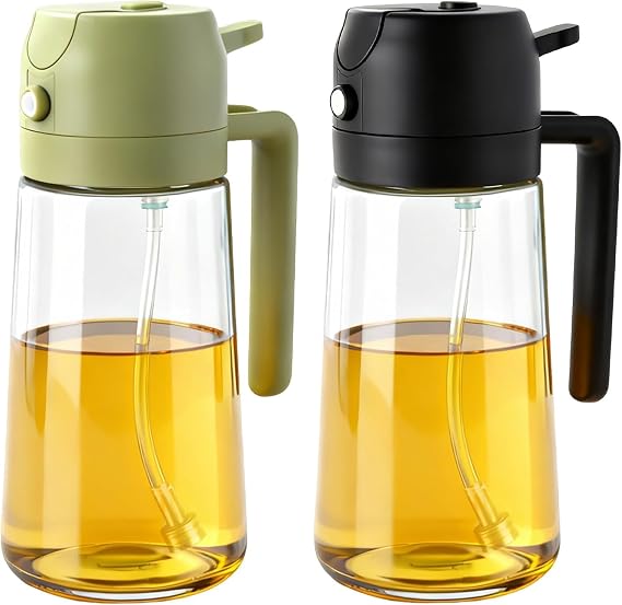 2Pack Glass Oil Sprayer for Cooking 16oz/470ml, 2 in 1 Oil Dispenser with Label Stickers & Portion Control, Kitchen Gadget for Air Fryer, Salad, BBQ, Frying（Black+Green）