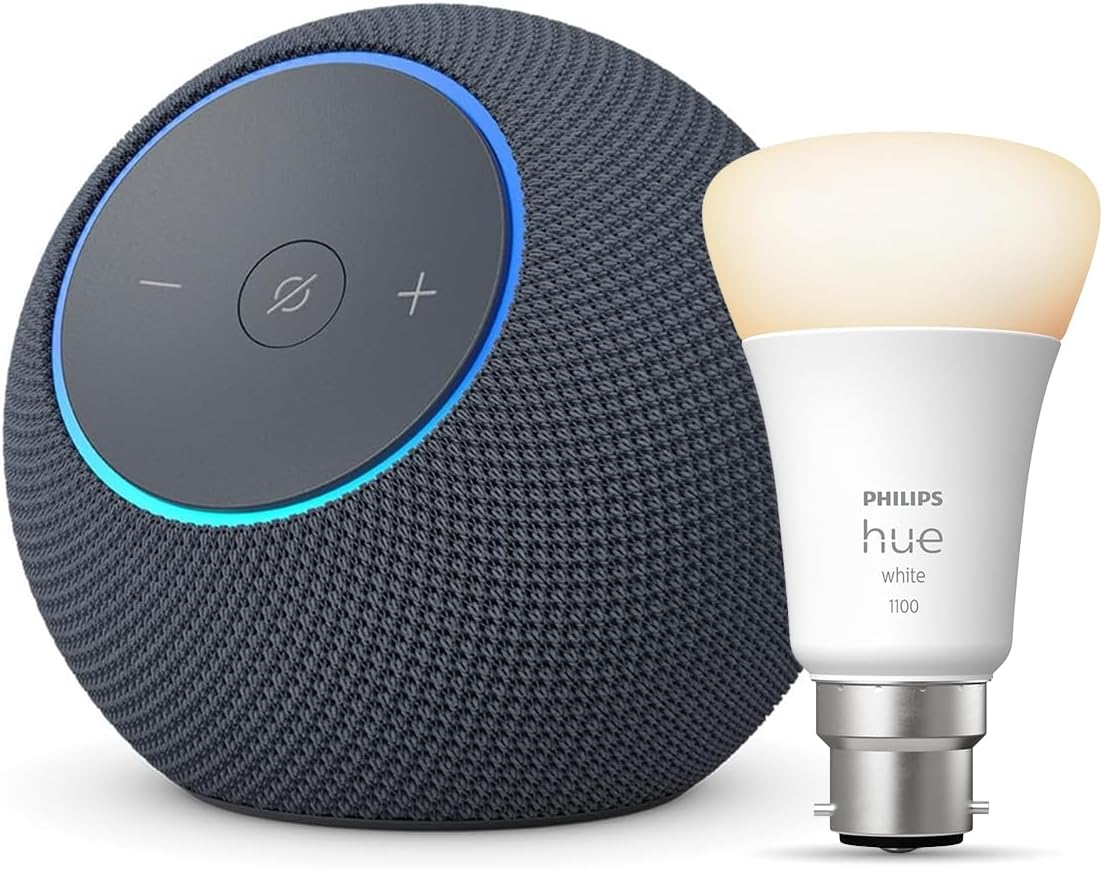 Amazon Echo Dot Max (newest gen) | Graphite + Philips Hue White Smart Light Bulb LED (B22), Works with Alexa - Smart Home Starter Kit, with Alexa+ Early Access