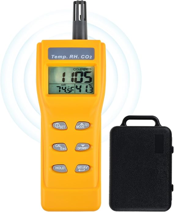 CO2 Meter Handheld CO2 Detector, 0-9999ppm Digital CO2 Monitor Temperature and Humidity Meter Carbon Dioxide Detector with NDIR Sensor Buzzer Alarm and Clibration Function for Home Grow Room