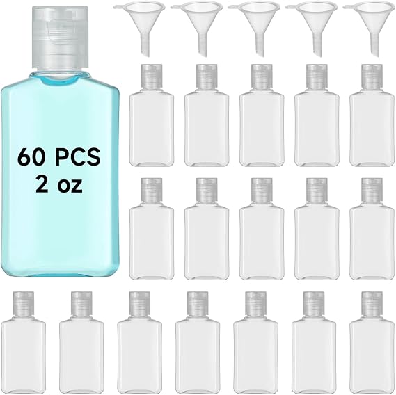 60-Pack 2 Oz Travel Bottles With Flip Caps, Clear Refillable Cosmetic Containers With Funnels For Lotion & Gel