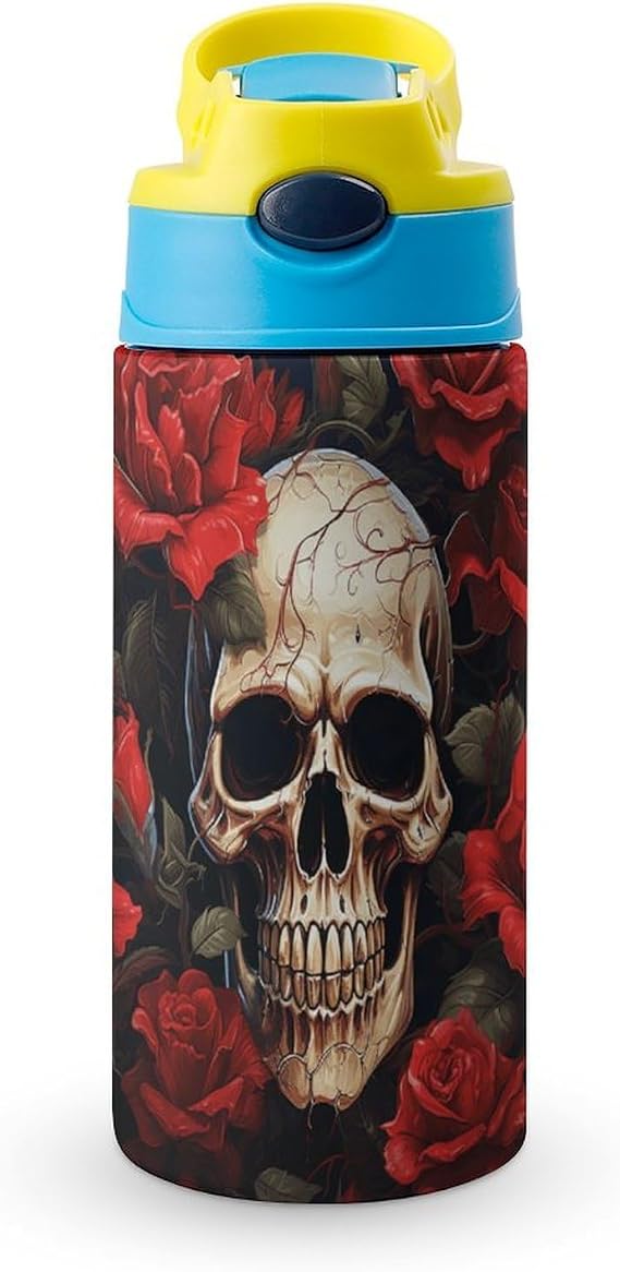 Stainless Steel Tumbler with Straw Skull Rose-Red Print Durable Thick Base Spill Proof Lid Perfect for Outdoor Adventures Daily Commutes