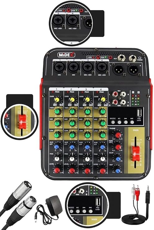Midex MDX-04FXU Ses Mikseri Stüdyo Kayıt İçin 5 Kanal Ses Kartlı +48V Phantomlu Kayıt Mikseri