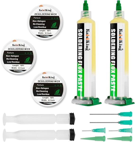 Kaisiking No Clean Soldering Flux Paste (10cc) & Desoldering Wick Kit | Premium Rosin Solder Flux for Electronics Repair, 0.1" Braided Copper Wick for PCB, SMD & DIY Projects