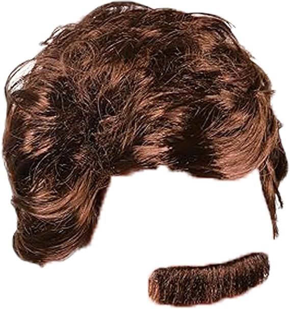 Kangaroo 70s Mens Wig and Mustache - Fake Brown Mustache and Short Curly Wigs For Men Costume - Mens Disco Hair Accessory for Funny Costumes Cosplay Dress up Apparel For New Year Parties