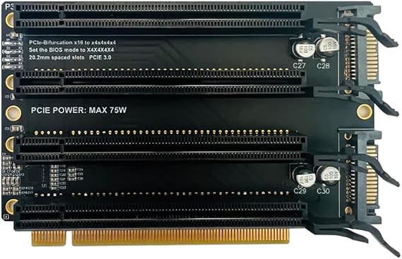 JMT PCI-E 3.0 x16 1 to 4 Split Card Gen3 PCIe-Bifurcation x16 to x4x4x4x4 Expansion Card 20.2mm Spaced Slots SATA Power Supply Port
