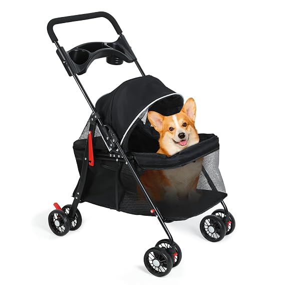 4 Wheel Dog Stroller for Medium Small Pets, Foldable Travel Pet Stroller with Cup Holder & Storage Basket - Breathable Mesh, Dual Brake Safety, 360 Wheels for Cats/Dogs up to 40lbs 1 Set