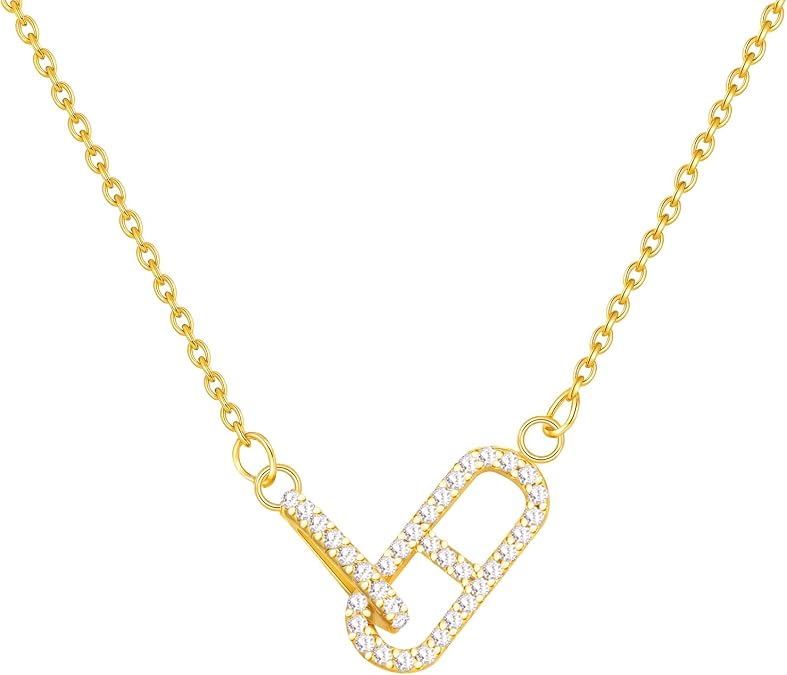 KSF Dainty Gold Necklace for Women 18K Gold Plated Paperclip Cubic Zirconia Necklace Non Tarnish Cute Open Oval Choker Simple Gold Necklace Jewelry Gift Trendy