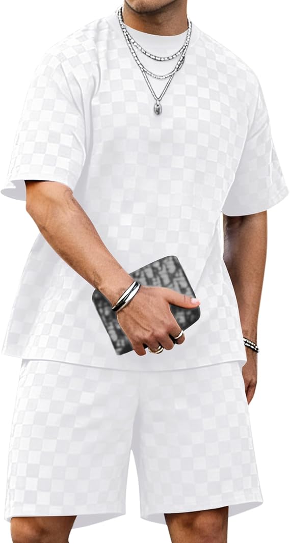 LecGee Mens 2 Piece Jacquard Checkered Short Sets Short Sleeve T Shirt and Shorts Sets Summer Outfits