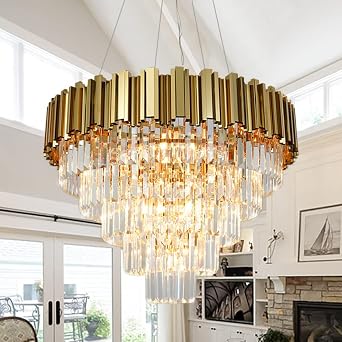 Modern Crystal Chandelier Lighting 28 Gold Luxury Hanging Pendant Light Fixture Ceiling Chandelier for Dining Living Room 2 Story Foyer Entryway Kitchen Island Stairway Hallway Round Large