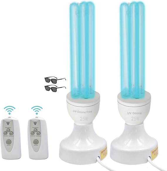 2 Pack U-V Lamp with Remote Control, Powerful U-V Light Bulb with Glasses, for Basement, Bedroom, Closet, Bathroom, Hospital, Aquarium, Hotel, Factory 50W (1 Ozone + 1 Ozone Free)