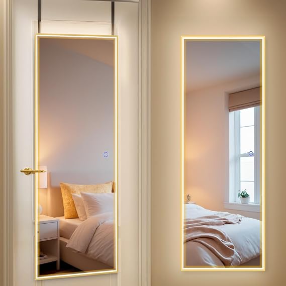 LUXFURNI Full Length Mirror with LED Lights, Lighted Door Hanging Mirror Full Body, Wall Mounted Light Up Full Length Mirror for Bedroom Living Room, 3 Height Adjustable