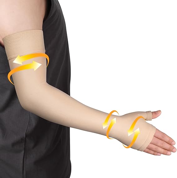 Ailaka Lymphedema Compression Arm Sleeve(Single) with Gauntlet for Men Women, 20-30 mmHg Medical Compression Arm Sleeve