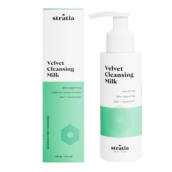 Stratia Velvet Cleansing Milk - Gentle Cream Face Cleanser, Moisturizing & Non-Foaming with Chamomile, Olive Oil & Aloe Vera, 4 Fl Oz