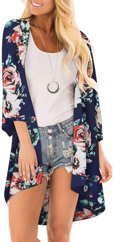 PINKMSTYLE Women Floral Kimono Sheer Chiffon Loose Cardigan US Size Small