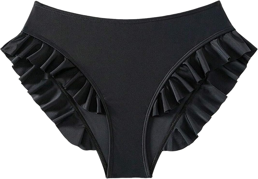 ZAFUL Women High Waist Bikini Bottom Ruffle Trim Swimsuit Swim Briefs Bathing Suit Bottom (Black,XL), X-Large