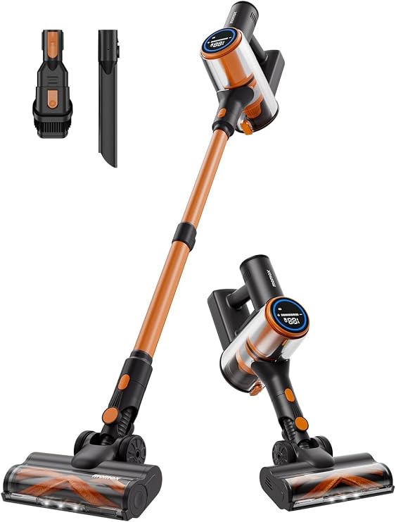 MOMAX Vacuum Cleaner for Home Cordless Stick Vacuum with Powerful Suction, Rechargeable, Lightweight, 45 Mins Runtime for Carpet, Hard Floors, Pet Hair, Cat Litter (Orange & Black)
