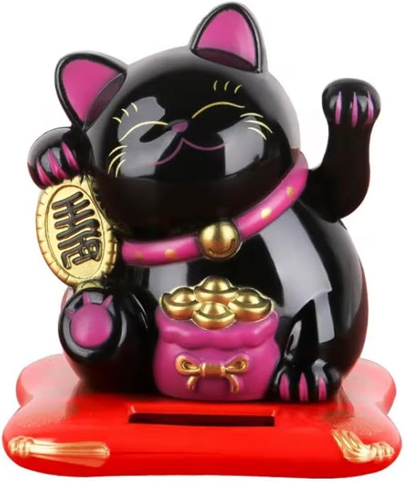 Lucky Cat Waving Moving Arm Solar Power Chinese Oriental Maneki Neko Feng Shui Money Decoration Dancing Cats Chinese Gift, for Welcoming Fortune Luck Wealth, Car decor (Black)