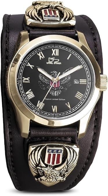 Daniel Steiger Patriot (Limited Edition) Luxury Leather 18k Gold Watch - Water Resistant - Genuine Leather Cuff Style Strap - Traditional American Detail - Solid Stainless Steel - 18k Gold Fused