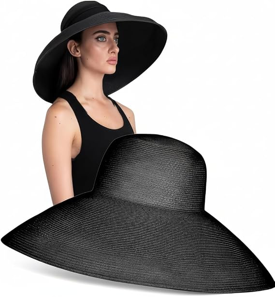 Audrey Black Paper Straw Sun Hat for Women | Premium Semi-Rigid 7" Oversized Structured Round Brim, Custom Adjustable Fit | Dramatic Designer Resort Beach & Travel Hat