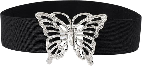 Womens Elastic Waist Belts Vintage Metal Butterfly Retro Clasp Cinch Buckle Dress Belt Stretch Waistband