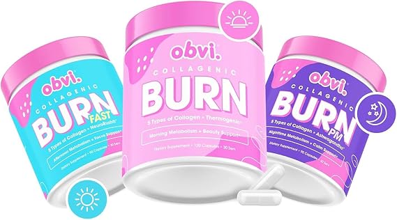 Obvi Burn Bundle 24-Hour Support System with 5 Types of Collagen for Wellness, Recovery, and Vitality Hydrolyzed Collagen Peptides, Green Tea Extract, and Ashwagandha for Overall Health