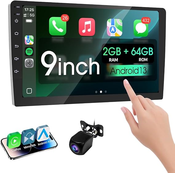 Haudio 9 inch Wireless Double Din Car Stereo,with Apple CarPlay and Android Auto Radio Screen,with Mirror Link, Bluetooth 5.0,1080P Backup Camera, AUX,FM/AM Transmitter|Double Din carplay Screen