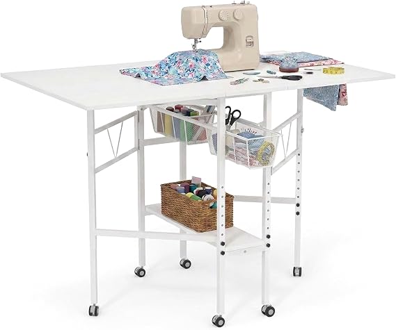 Sew Ready Folding Adjustable Height Sewing Craft Table with Drawers, White