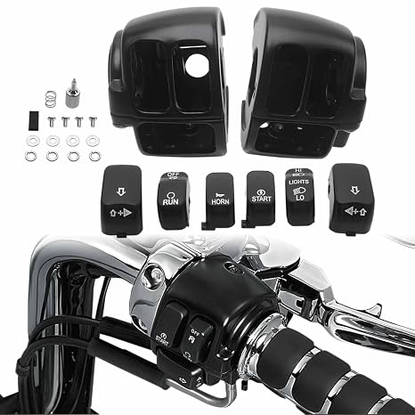 Handlebar Switch Kit Switch Housing W/Button Cover Cap Fits for Harley 2002-2017 VRSC/1996-2012 Sportster/1996-2011 Dyna Softail/1996-2013 Road King Models(Black)