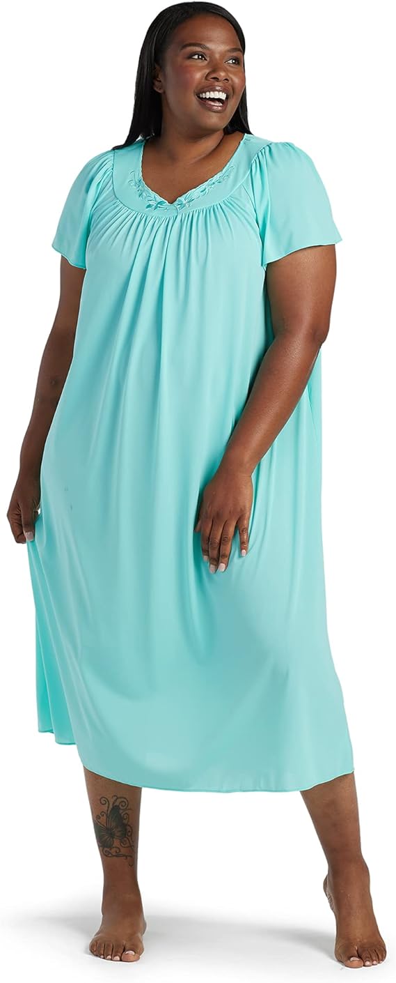 Miss Elaine Women's Long Tricot Nightgown, Short Flutter Sleeves, Comfortable Lightweight Fabric, Sleepwear