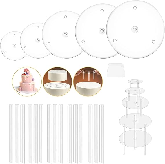 5 Pieces Cake Separator Plates Stands, Cake Base with 15 Pieces Plastic Cake Dowels Rods, Reusable for Tiered Stacked Cakes, for Wedding Birthday Party Festival.