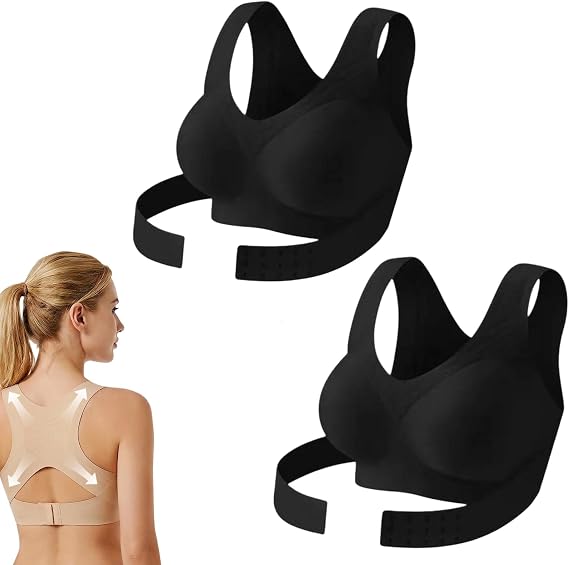 2Pack Posture Corrector Bra for Women, Front Closure Cross-Back Wireless Posture Bra, Full Coverage Back Support Brasieres