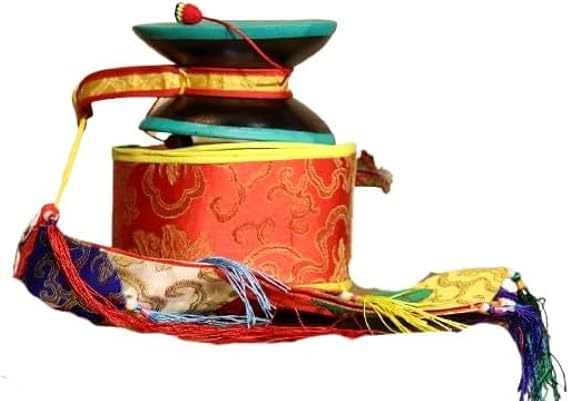 Tibetan Chod Damaru, Wooden Leather With Brocade Damaru Drum Cover Damaru Brocade Tail - Nepali Authentic Design Hand Carved Folk Musical Instrument for All Age Musicians