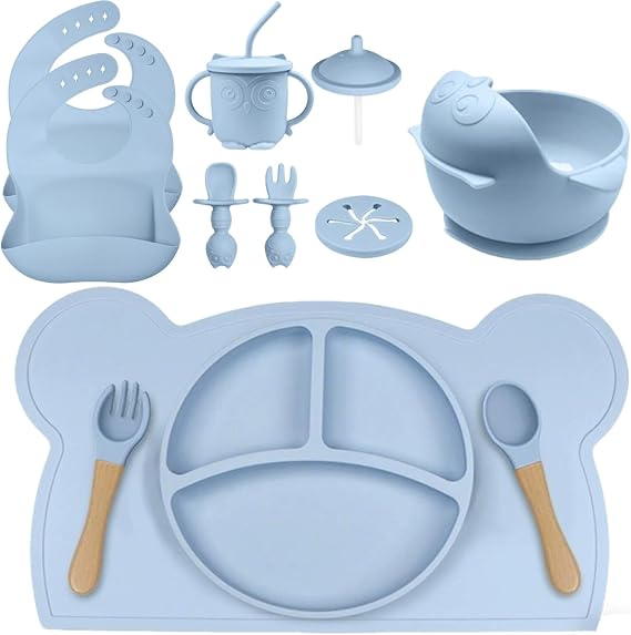 15pcs Silicone Baby Weaning Set with Suction Plate(Blue) | BPA-Free, 15pcs Baby Feeding Set with Placemat, Bibs, Divided Plate, Suction Bowl, Sippy Cup, for Toddlers