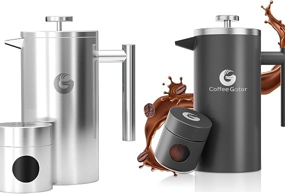 Coffee Gator French Press Coffee Maker 34oz, Double Insulated Stainless Steel Silver and Gray