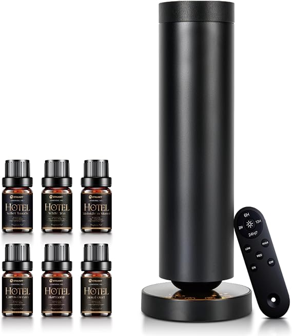 Waterless Diffuser + 6 pcs Hotel Diffuser Oil, Cold Air Scent Diffuser with Night Light, Waterless Essential Oil Diffuser for Homes, Offices, Hotels - Covers 1500 Sq Ft - Black