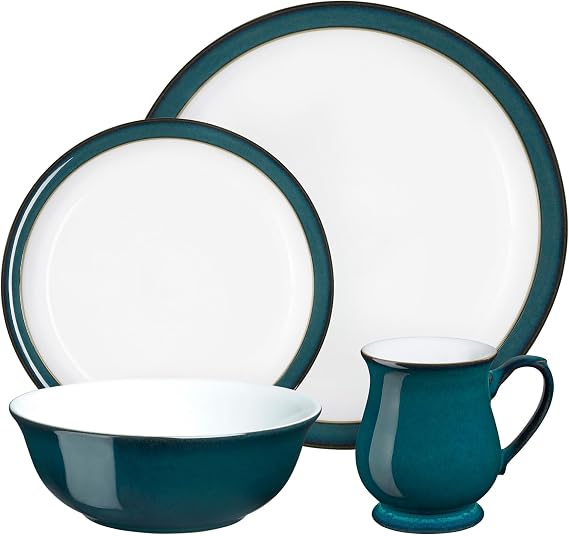 Denby - Greenwich Dinner Set For 1 - 4 Piece Ceramic Tableware Plates & Bowls Set Green, White - Dishwasher Safe Crockery Single Place Setting - 1 x Dinner Plate, Small Plate, Cereal Bowl & Coffee Mug